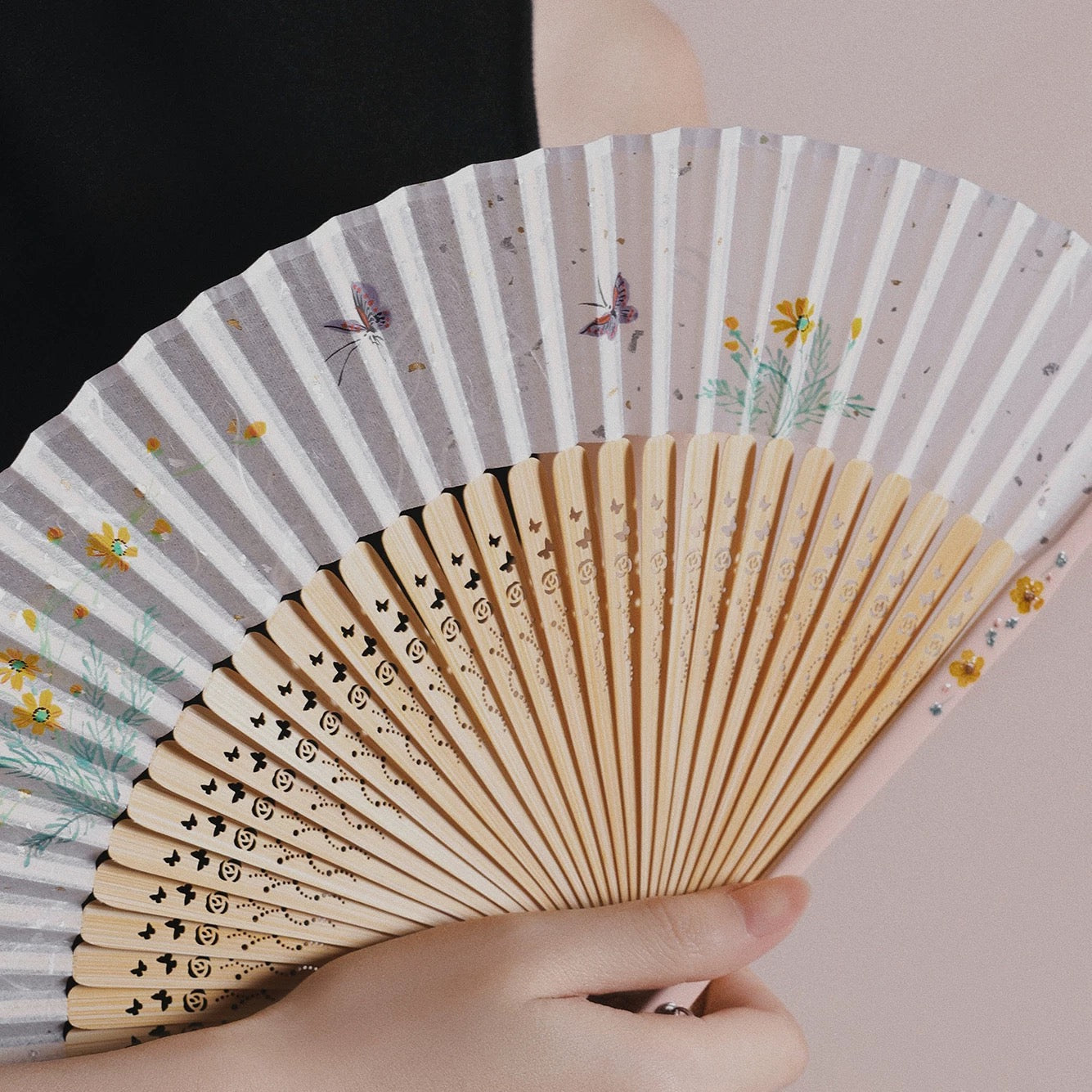 The Filigree Garden | Full-Bamboo Carved Hand-Painted Silk Folding Fan