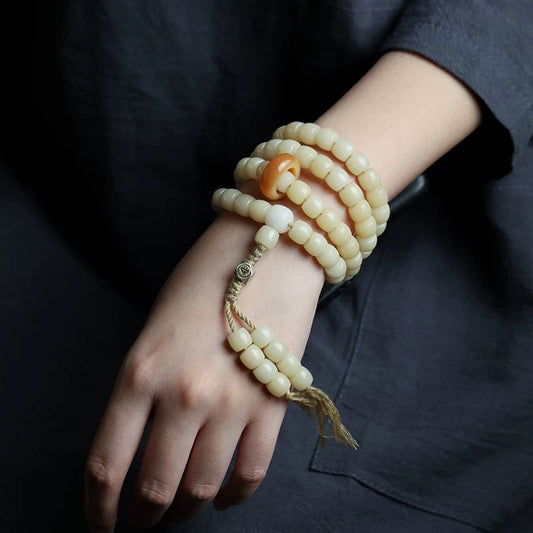 The Zodiac Guardian | White Jade Bodhi Root 108 Prayer Beads