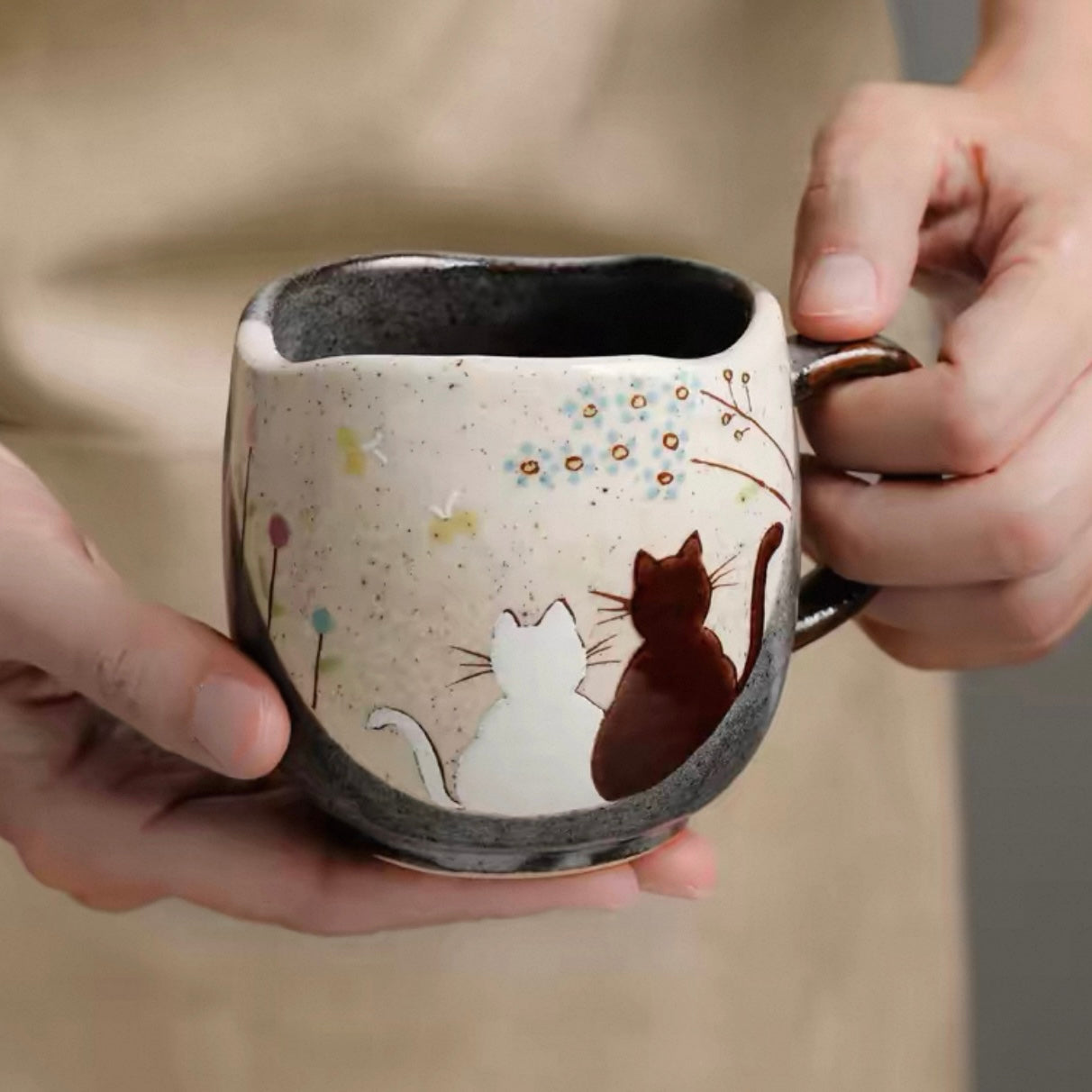Authentic Kutani Yaki Mug: Yellow Glaze. Floral Bird Motif