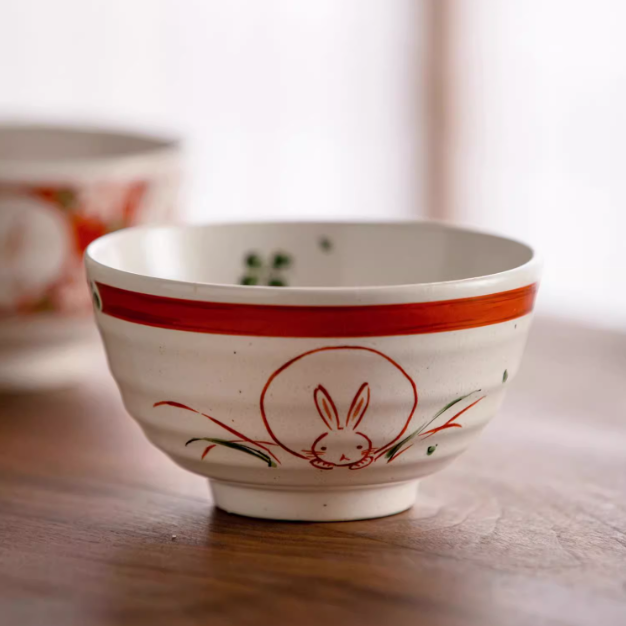 Authentic Hasami-yaki Hand-Painted Rabbit Motif Stoneware Bowl Set