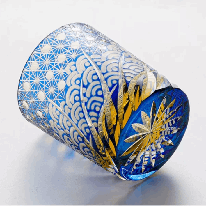 Edo Kiriko Blue Amber Hand-Cut Whisky Glass