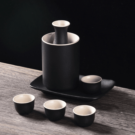 Traditional Japanese Ceramic Sake Set – Flagon. Warmer & 4 Cups