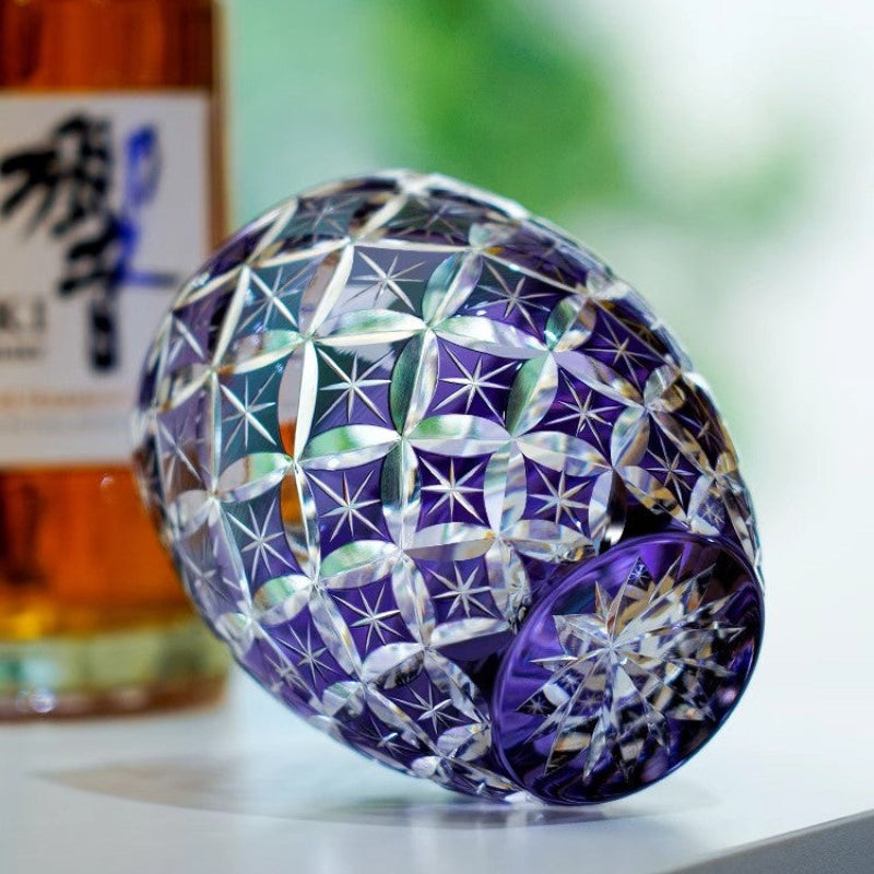 Edo Kiriko Handcrafted Violet Shippo Whisky Glass With Wooden Box