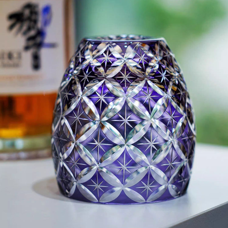 Edo Kiriko Handcrafted Violet Shippo Whisky Glass With Wooden Box