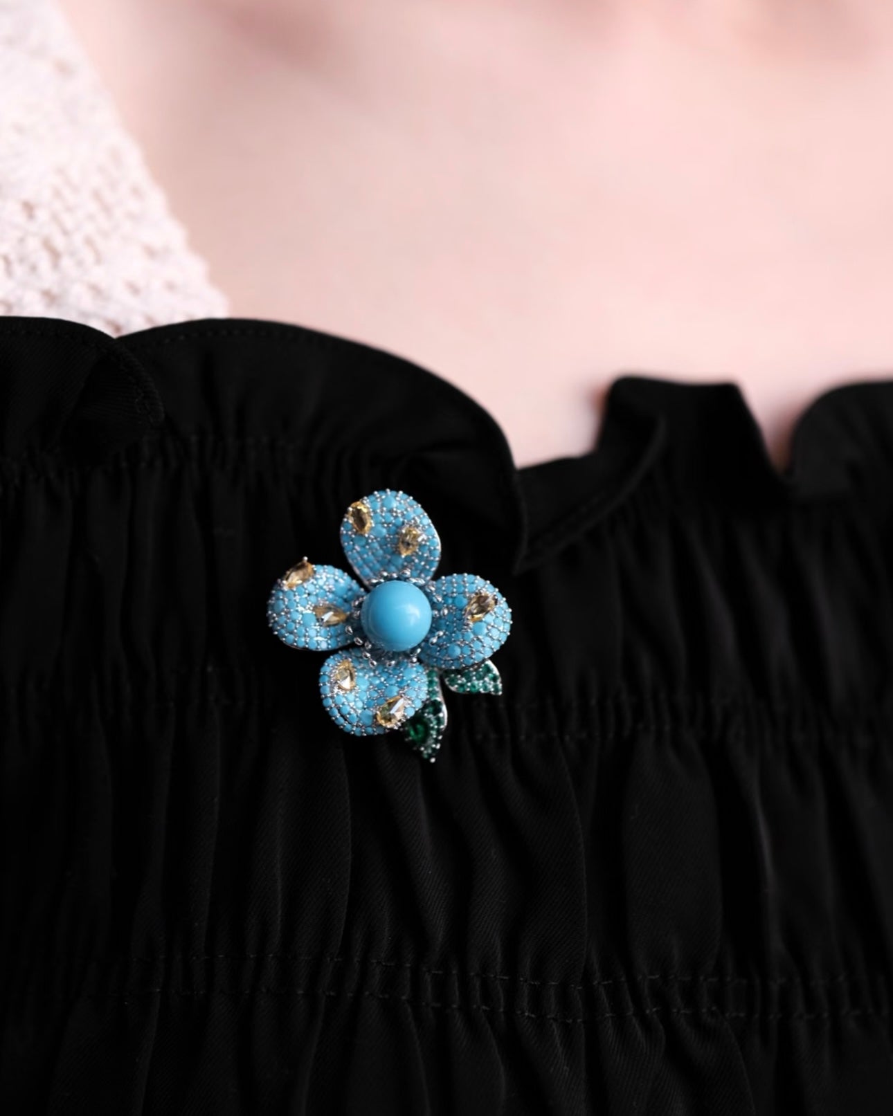 Luxury High-Porcelain Blue Turquoise Blossom Brooch | Super Heavywork Artisan Jewelry