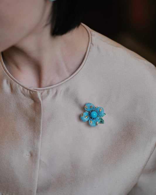 Luxury High-Porcelain Blue Turquoise Blossom Brooch | Super Heavywork Artisan Jewelry