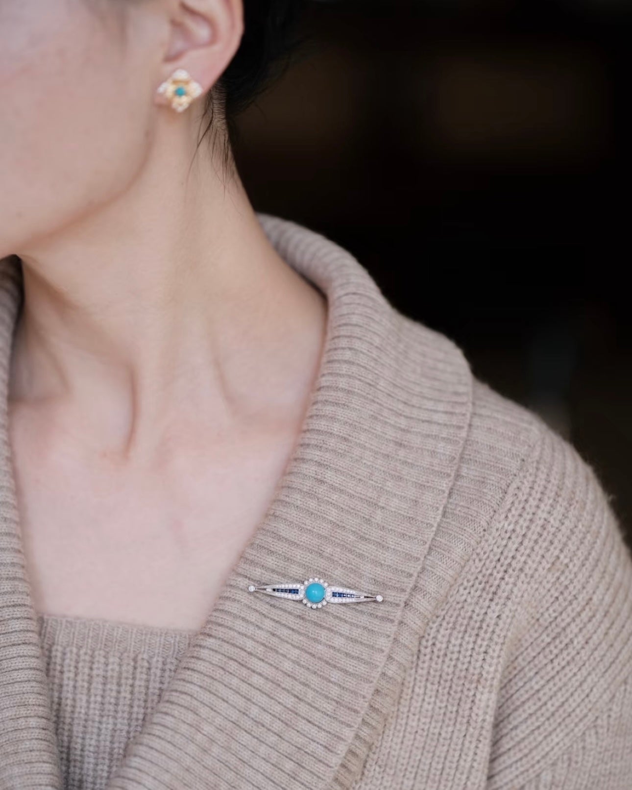 Artisan High-Porcelain Blue Turquoise Linear Blossom Brooch | 8mm Masterpiece