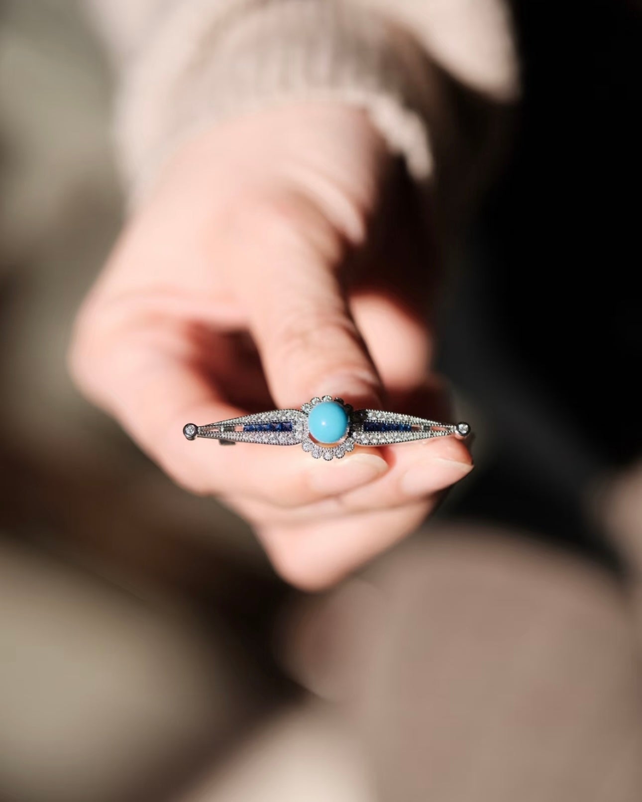 Artisan High-Porcelain Blue Turquoise Linear Blossom Brooch | 8mm Masterpiece