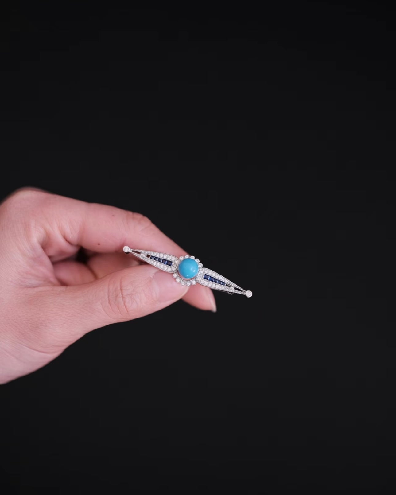 Artisan High-Porcelain Blue Turquoise Linear Blossom Brooch | 8mm Masterpiece