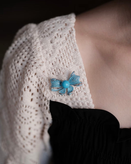 10mm High-Porcelain Blue Turquoise Royal Bow Brooch | Ultra-Heavywork Pavé