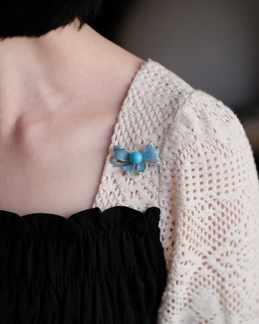 10mm High-Porcelain Blue Turquoise Royal Bow Brooch | Ultra-Heavywork Pavé