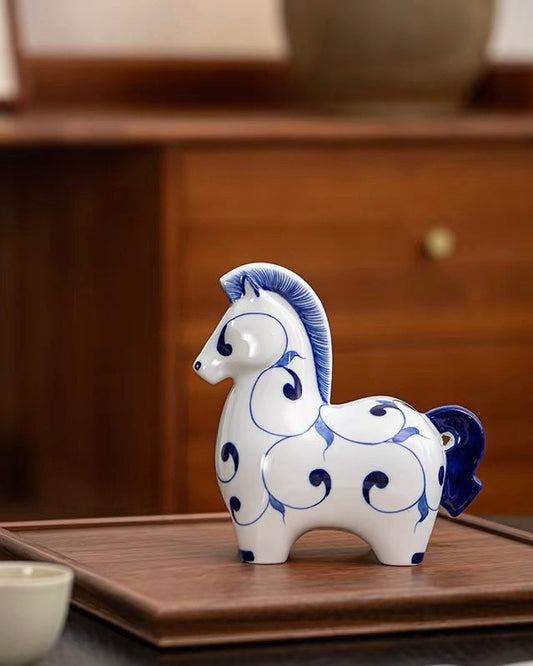 Jingdezhen Blue & White Porcelain Auspicious Horse Statue | Home & Office Prosperity Decor