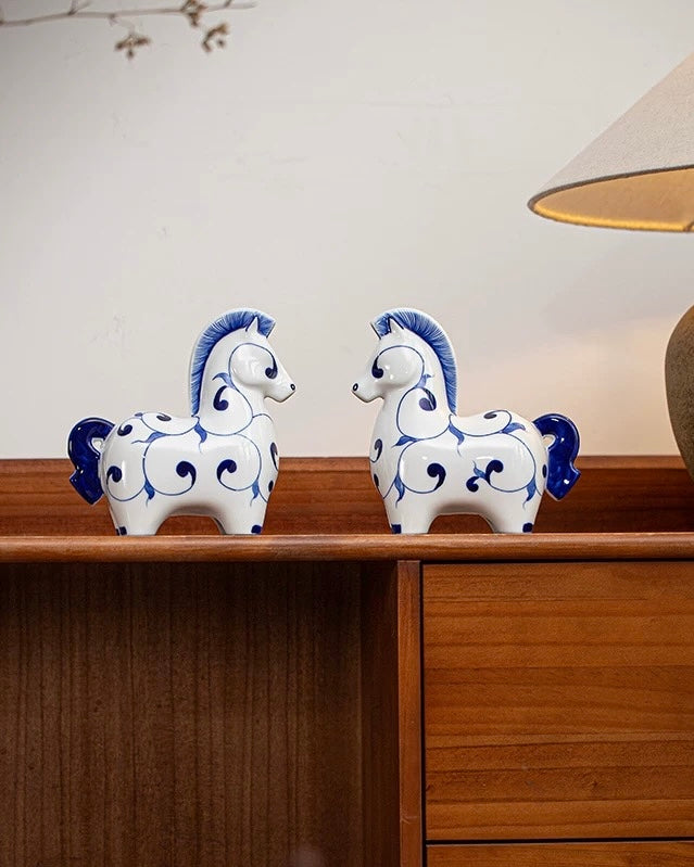 Jingdezhen Blue & White Porcelain Auspicious Horse Statue | Home & Office Prosperity Decor