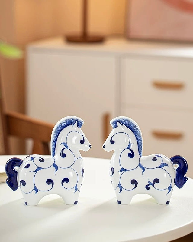 Jingdezhen Blue & White Porcelain Auspicious Horse Statue | Home & Office Prosperity Decor