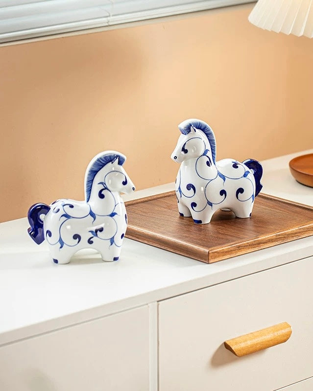 Jingdezhen Blue & White Porcelain Auspicious Horse Statue | Home & Office Prosperity Decor