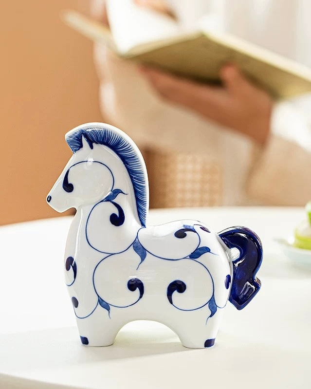 Jingdezhen Blue & White Porcelain Auspicious Horse Statue | Home & Office Prosperity Decor