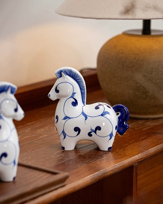 Jingdezhen Blue & White Porcelain Auspicious Horse Statue | Home & Office Prosperity Decor