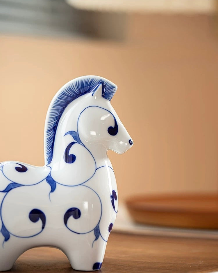 Jingdezhen Blue & White Porcelain Auspicious Horse Statue | Home & Office Prosperity Decor