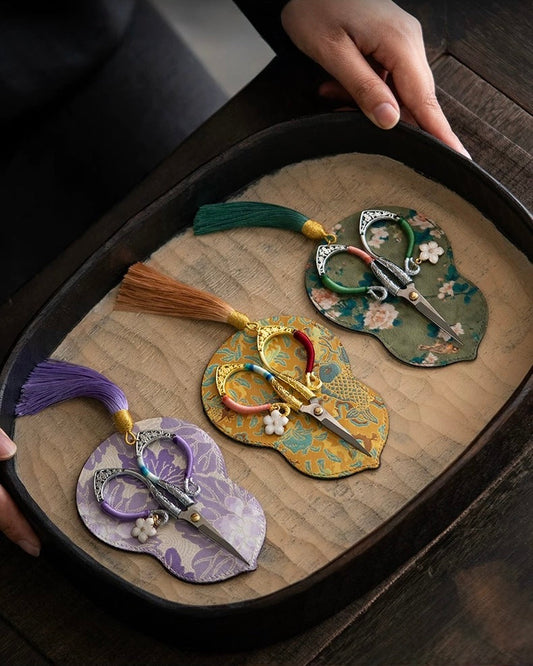 Artisan Flowing Petal Tassel Shears | Precision Tea Art Scissors with Brocade Sleeve