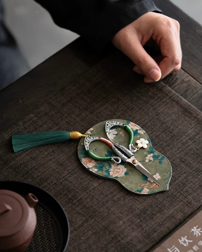 Artisan Flowing Petal Tassel Shears | Precision Tea Art Scissors with Brocade Sleeve