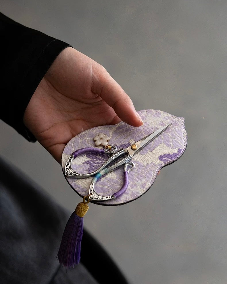Artisan Flowing Petal Tassel Shears | Precision Tea Art Scissors with Brocade Sleeve