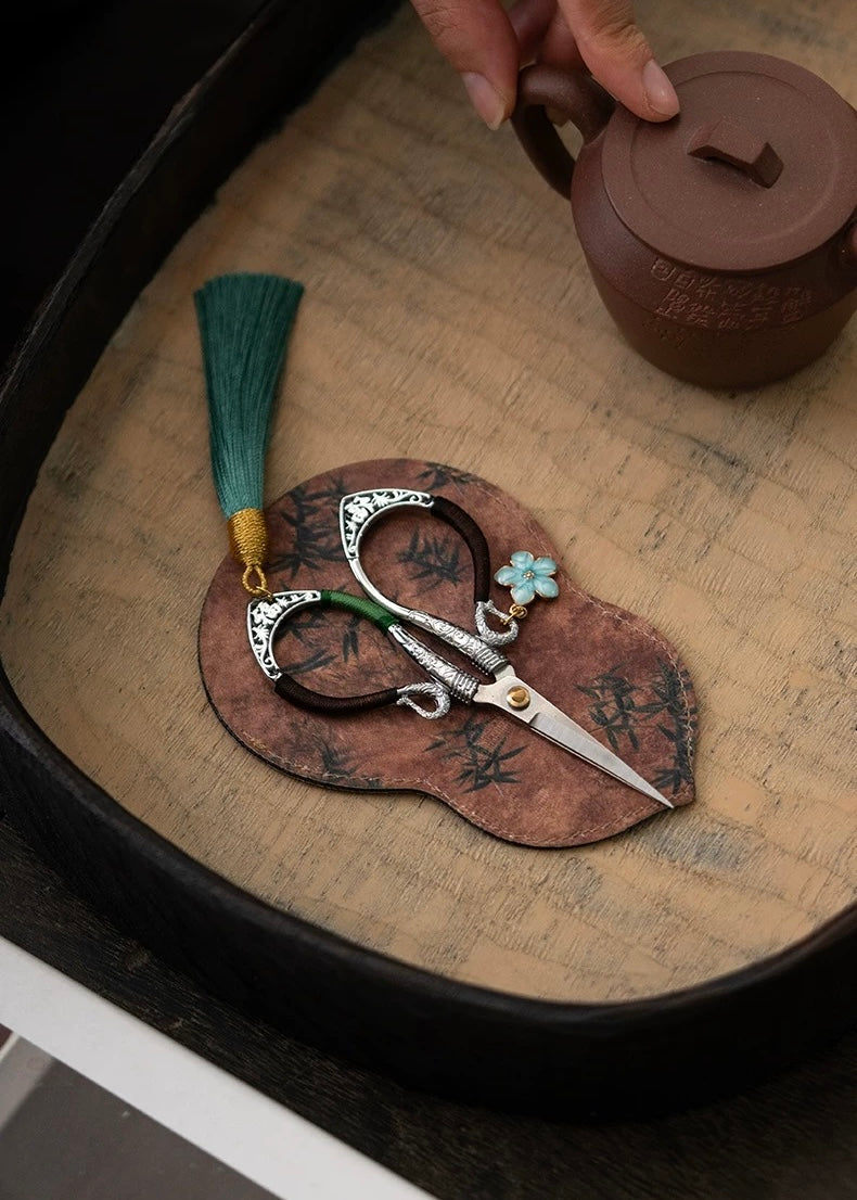 Artisan Flowing Petal Tassel Shears | Precision Tea Art Scissors with Brocade Sleeve