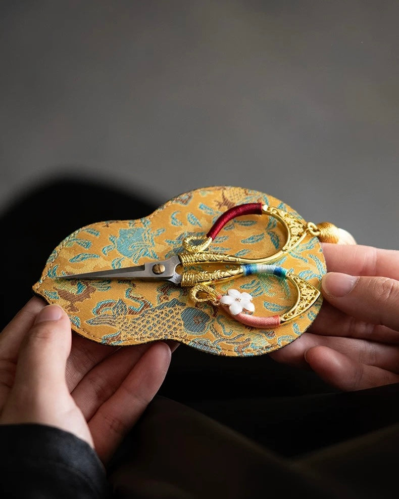 Artisan Flowing Petal Tassel Shears | Precision Tea Art Scissors with Brocade Sleeve