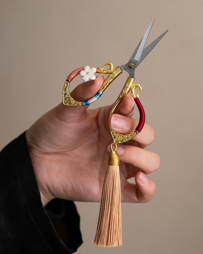 Artisan Flowing Petal Tassel Shears | Precision Tea Art Scissors with Brocade Sleeve