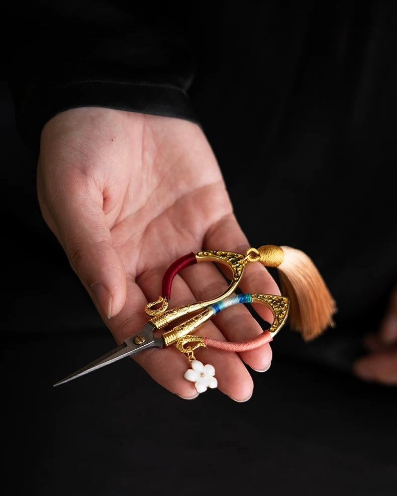 Artisan Flowing Petal Tassel Shears | Precision Tea Art Scissors with Brocade Sleeve