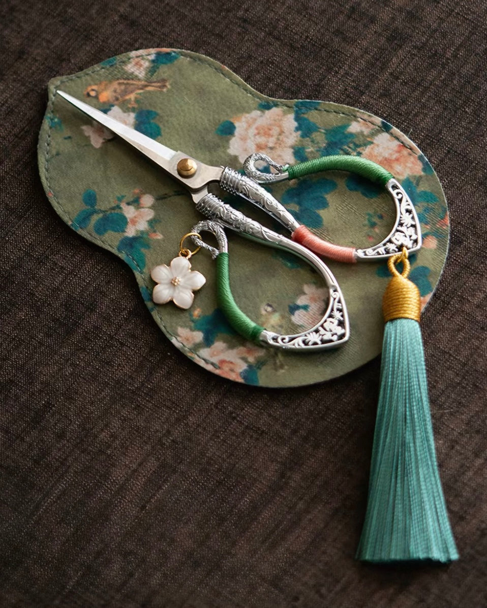 Artisan Flowing Petal Tassel Shears | Precision Tea Art Scissors with Brocade Sleeve
