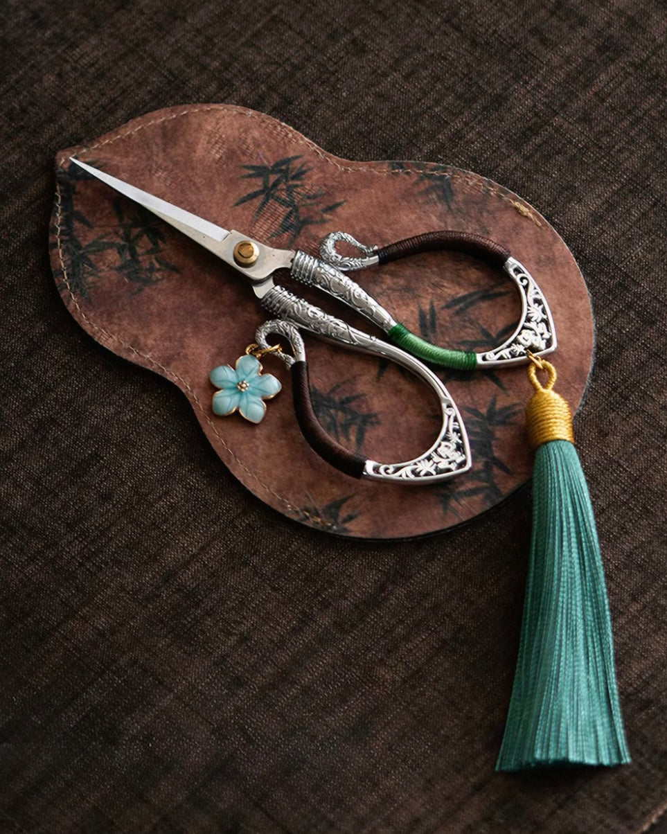 Artisan Flowing Petal Tassel Shears | Precision Tea Art Scissors with Brocade Sleeve