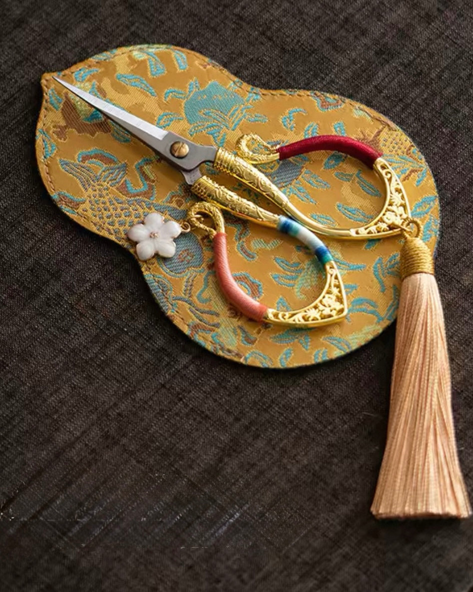 Artisan Flowing Petal Tassel Shears | Precision Tea Art Scissors with Brocade Sleeve