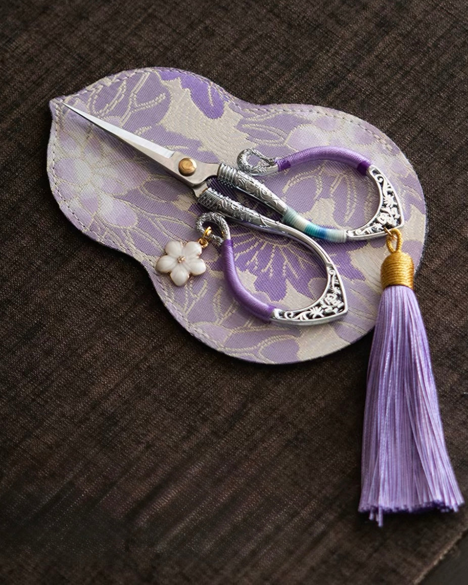 Artisan Flowing Petal Tassel Shears | Precision Tea Art Scissors with Brocade Sleeve