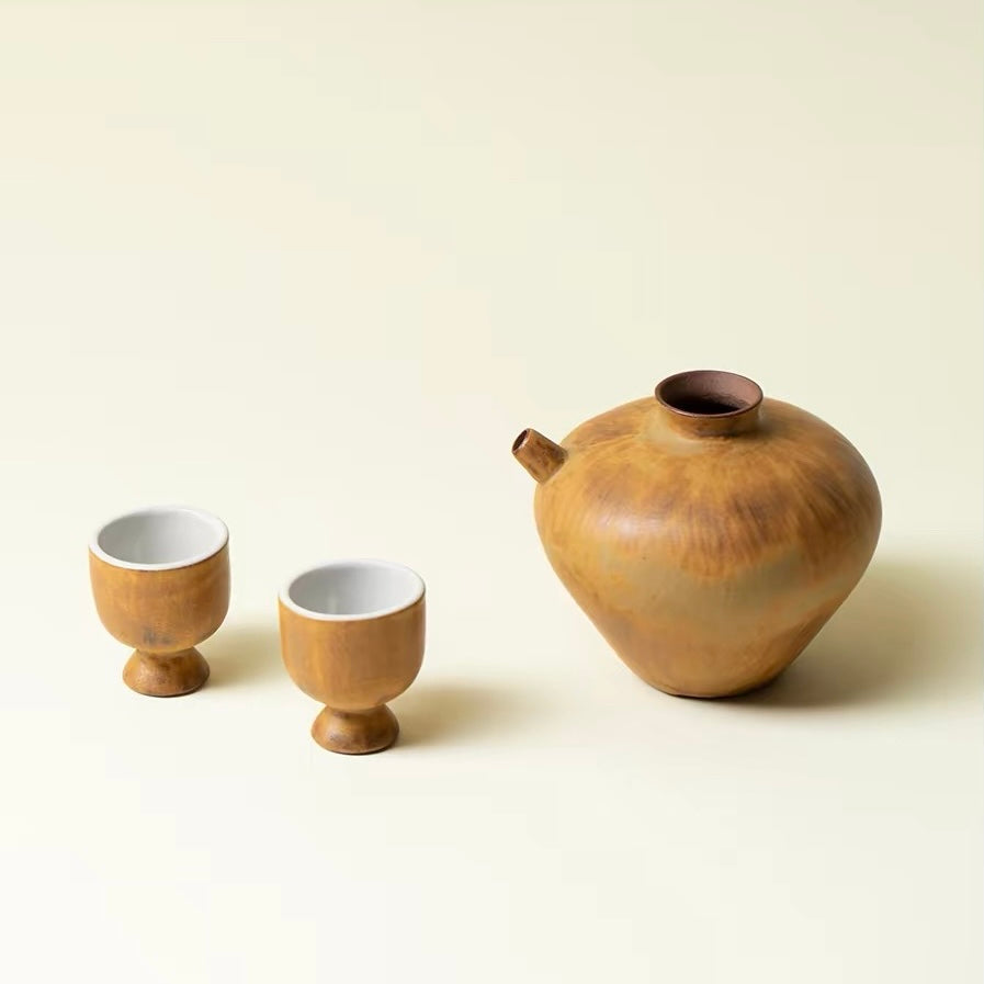 Solitary Pour Coarse Pottery Spirit Set | Kiln-Transmuted Ceramic Decanter & Cups