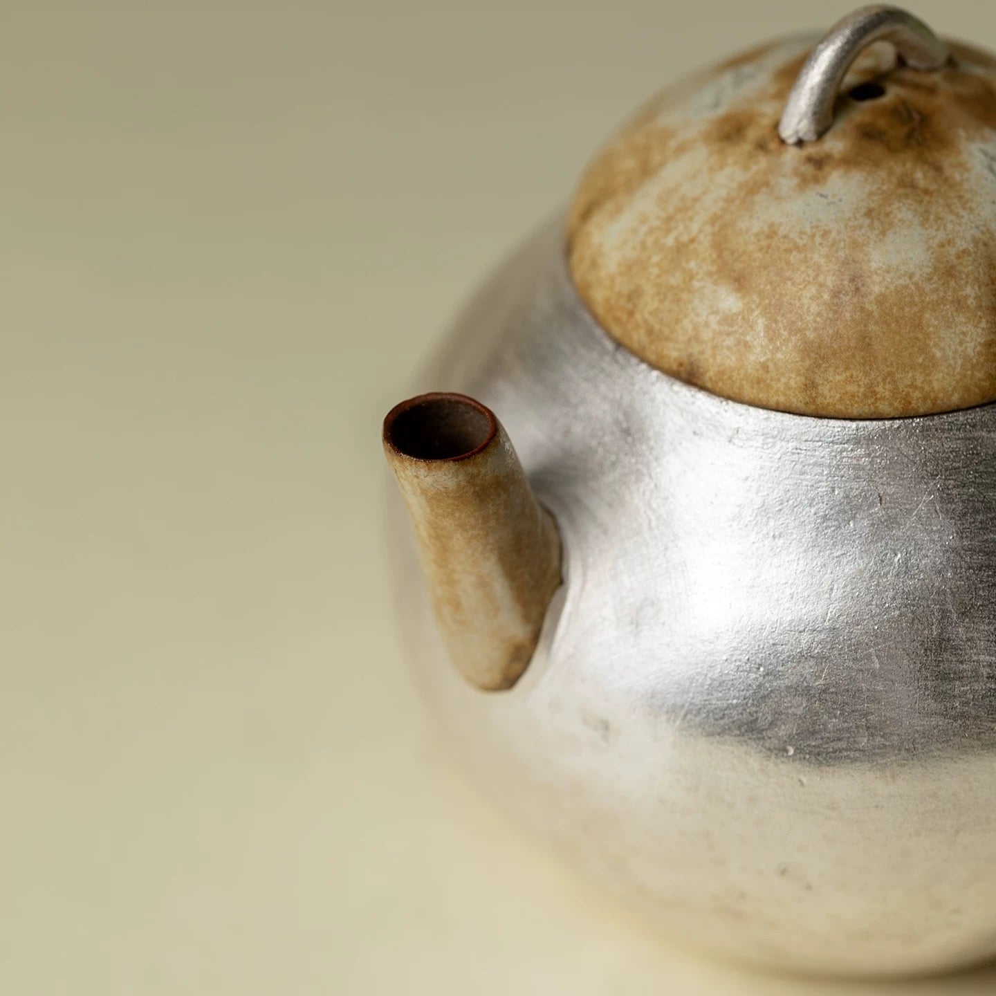 Silver-Clad Primacy | Japanese-Style Coarse Pottery Gilded Silver Teapot