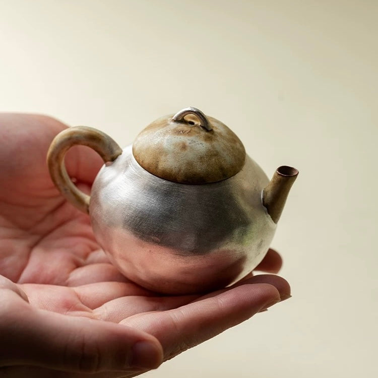 Silver-Clad Primacy | Japanese-Style Coarse Pottery Gilded Silver Teapot