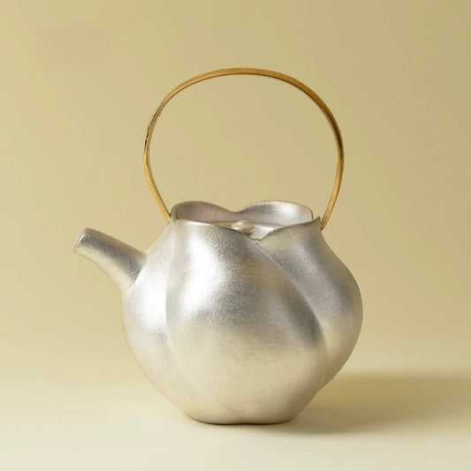 Handcrafted Gilded Silver Side-Handle Teapot | Copper Handle & Coarse Pottery