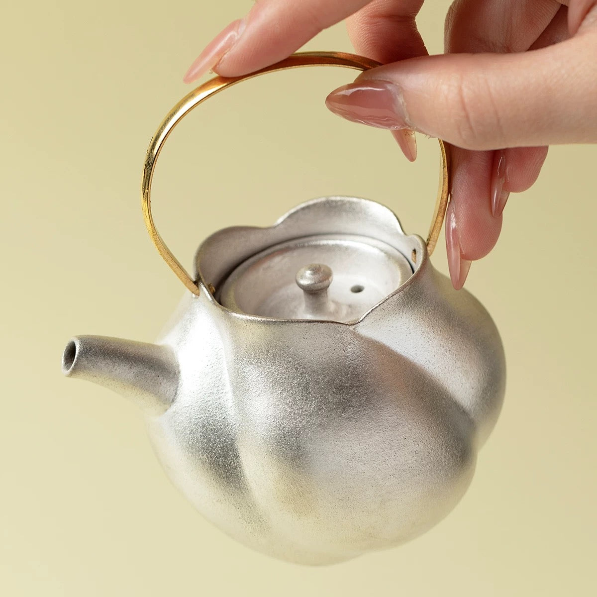 Handcrafted Gilded Silver Side-Handle Teapot | Copper Handle & Coarse Pottery