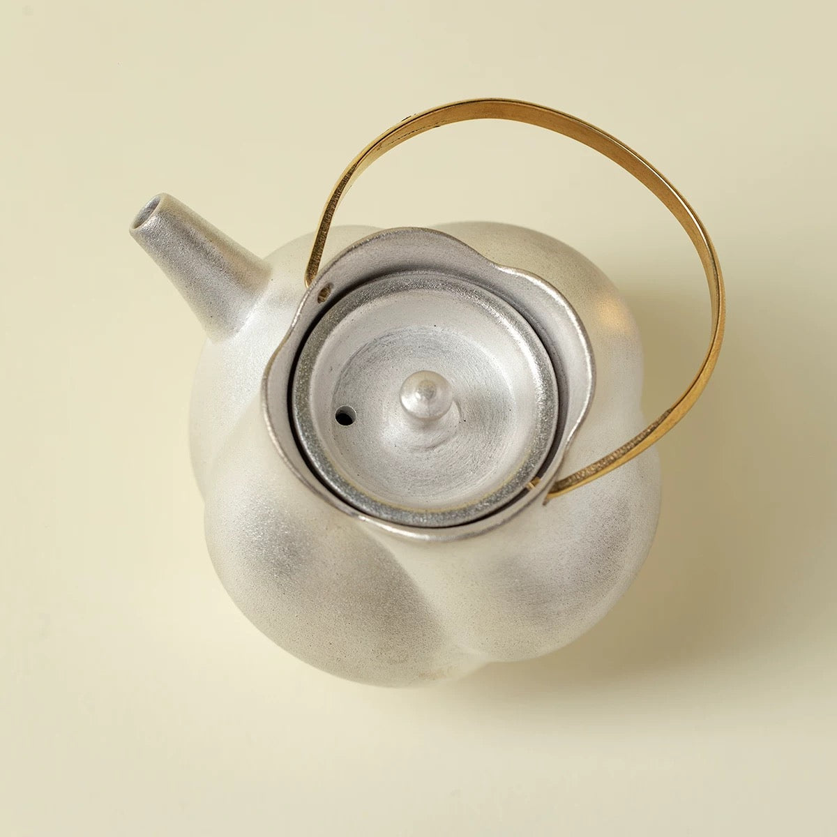 Handcrafted Gilded Silver Side-Handle Teapot | Copper Handle & Coarse Pottery