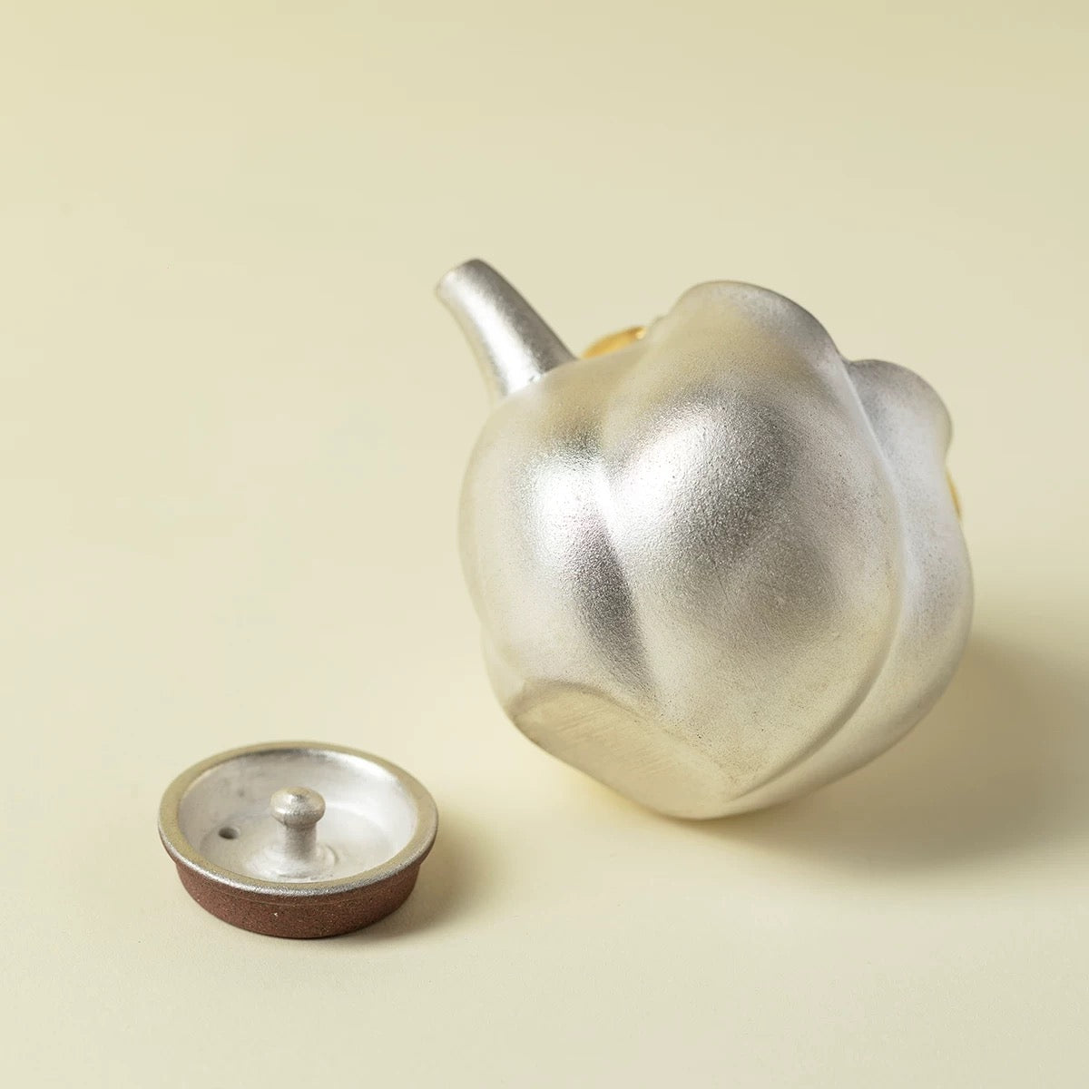 Handcrafted Gilded Silver Side-Handle Teapot | Copper Handle & Coarse Pottery