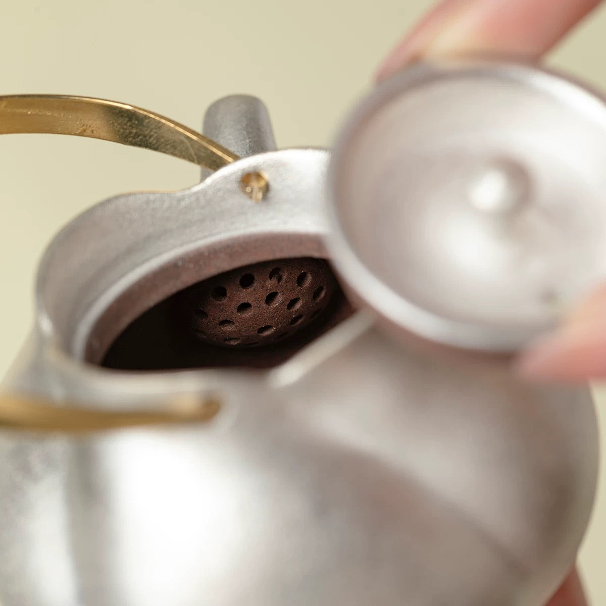 Handcrafted Gilded Silver Side-Handle Teapot | Copper Handle & Coarse Pottery