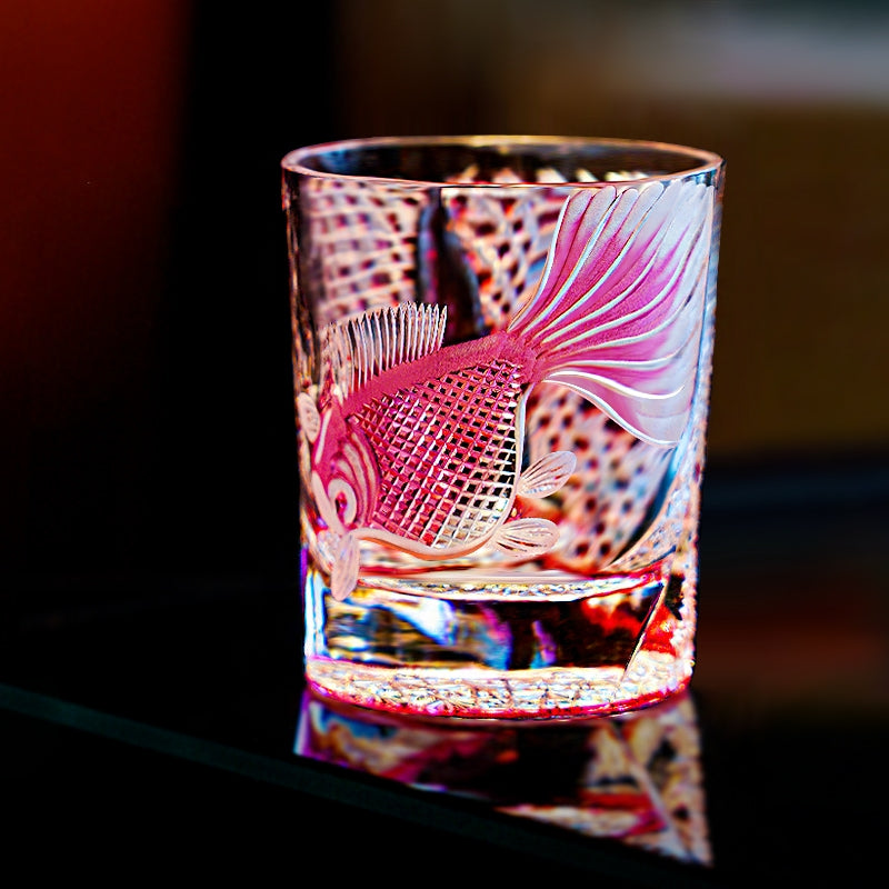 Edo Kiriko Handcrafted Taikan Rose Koi Whisky Glass With Wooden Box