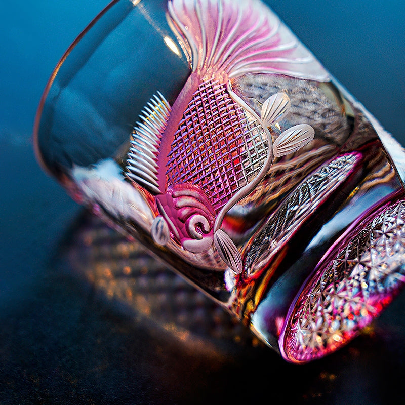 Edo Kiriko Handcrafted Taikan Rose Koi Whisky Glass With Wooden Box