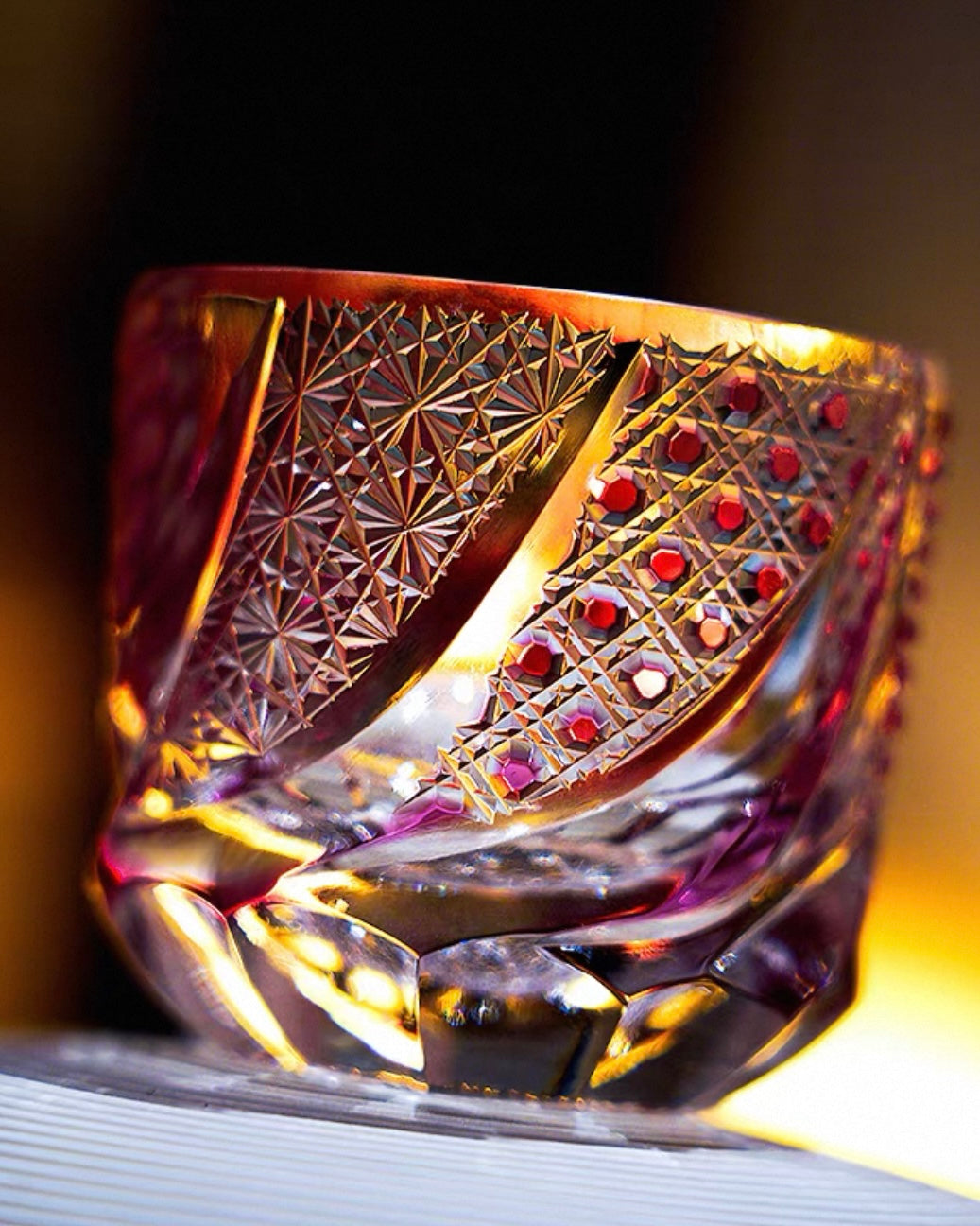 Hand-Carved Edo Kiriko Plum Red Crystal Spirit Glass