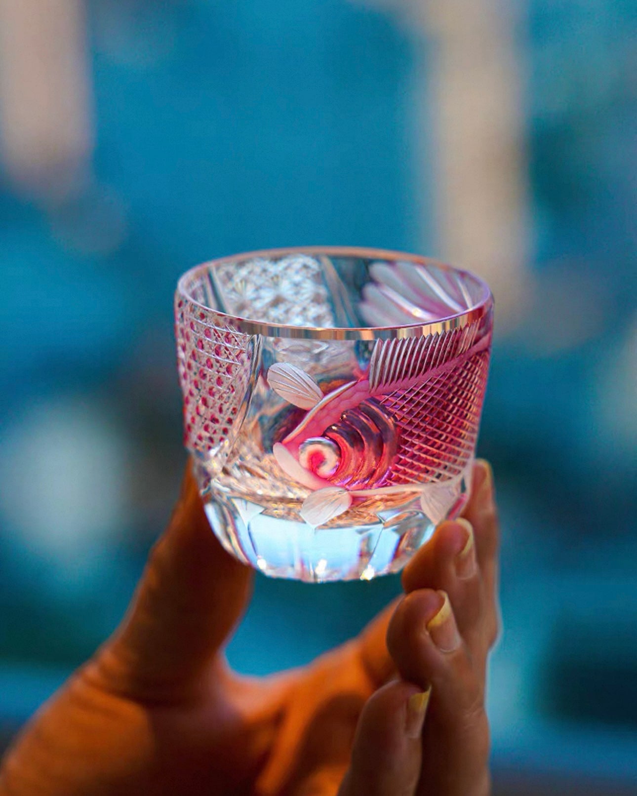 Hand-Carved Edo Kiriko Plum Red Crystal Spirit Glass