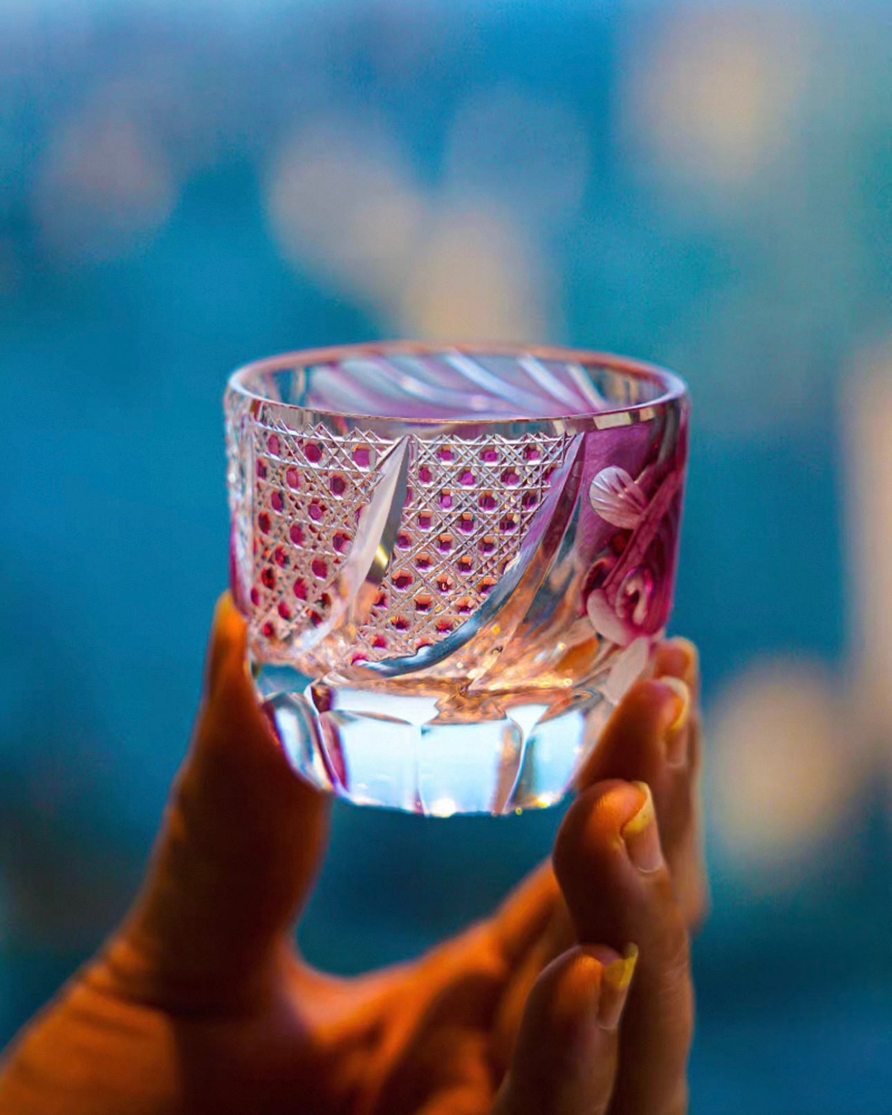 Hand-Carved Edo Kiriko Plum Red Crystal Spirit Glass