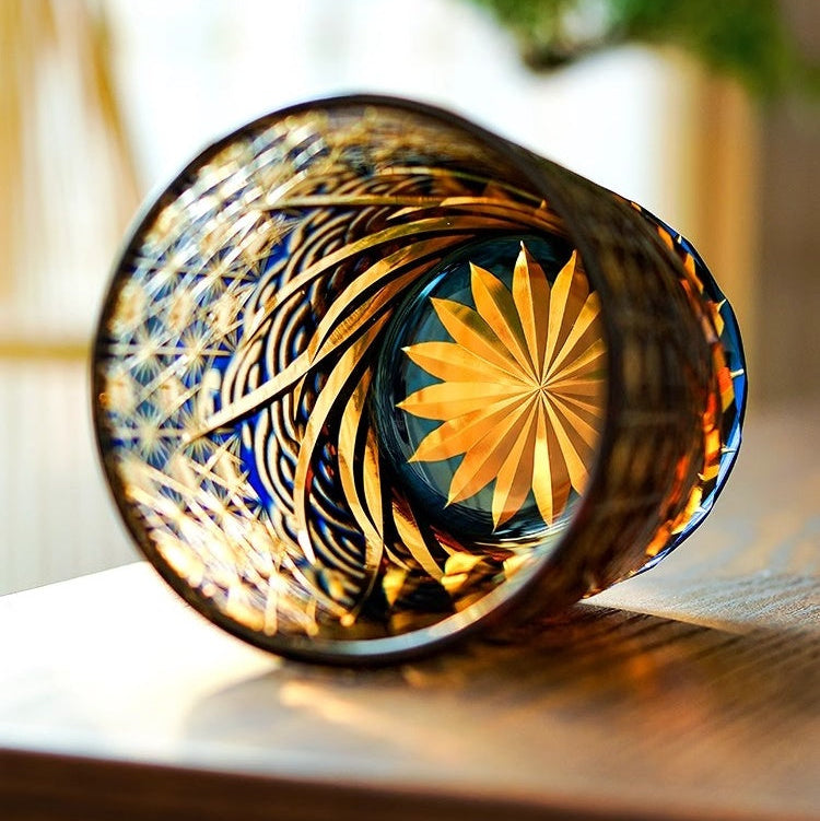 Edo Kiriko Handcrafted Blue Amber Whisky Glass With Wooden Box