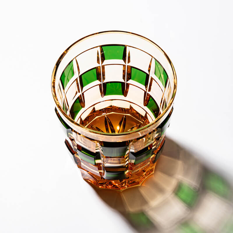 Edo Kiriko Green Amber Grid Hand-Cut Whisky Glass