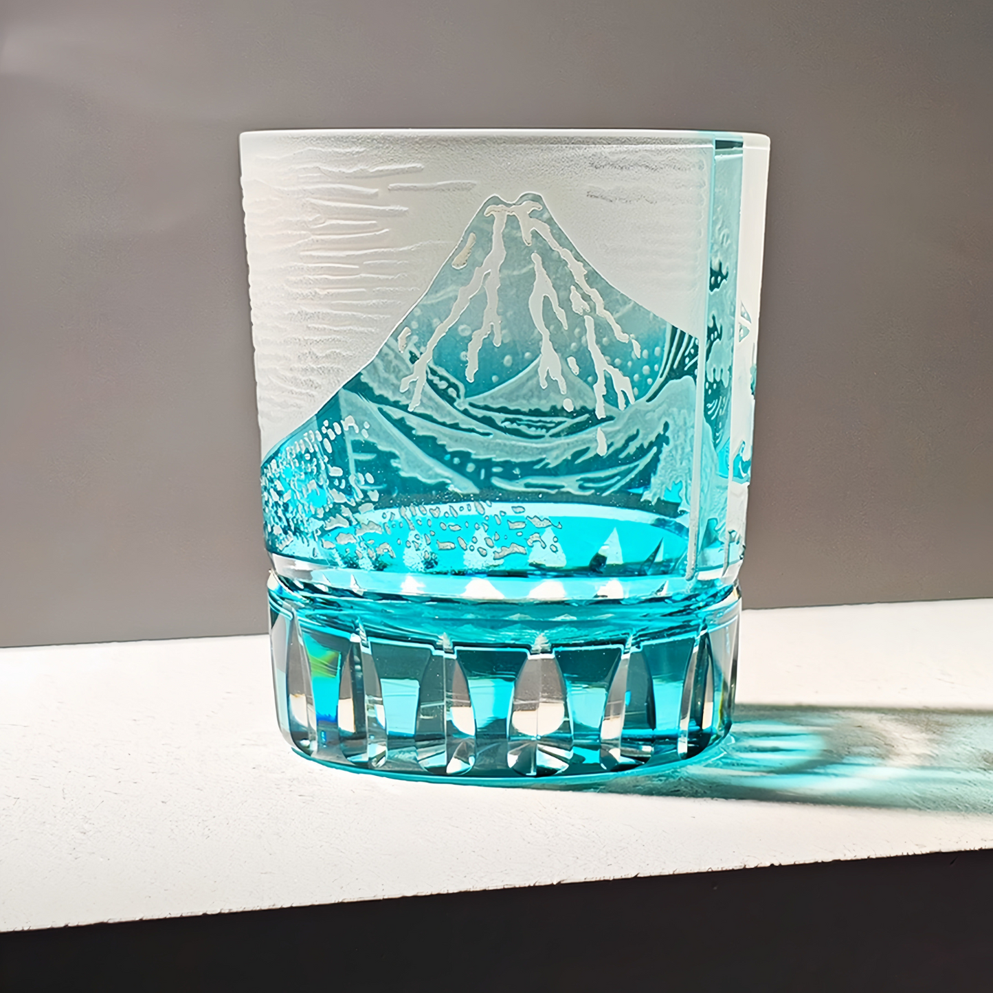 Edo Kiriko Handcrafted Fuji Wave Whisky Glass Collection With Wooden Box