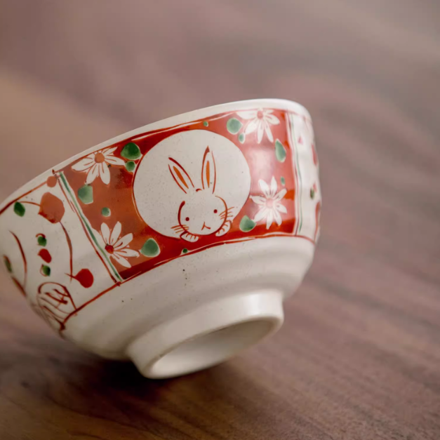 Authentic Hasami-yaki Hand-Painted Rabbit Motif Stoneware Bowl Set
